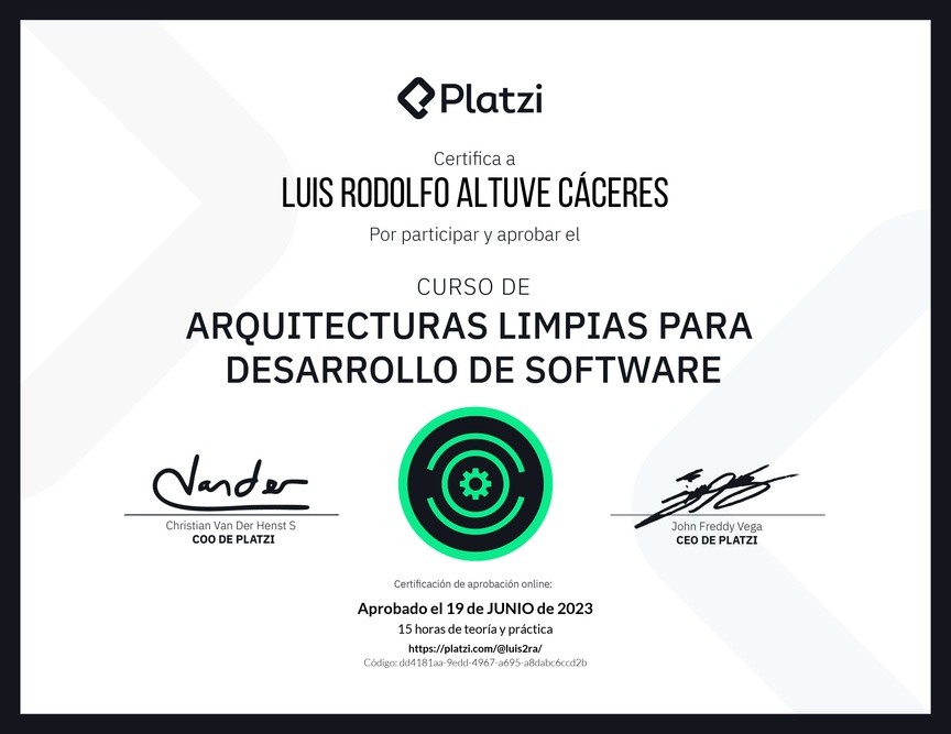 Diploma del Curso de Arquitecturas Limpias para Desarrollo de Software