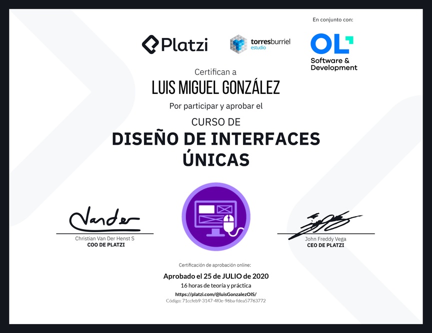 Diploma del Curso de Diseño de Interfaces Únicas