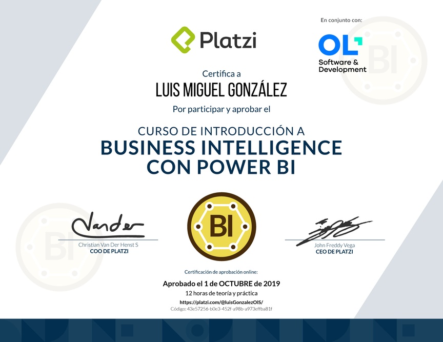 Diploma del Curso de Introducción a Business Intelligence con Power BI