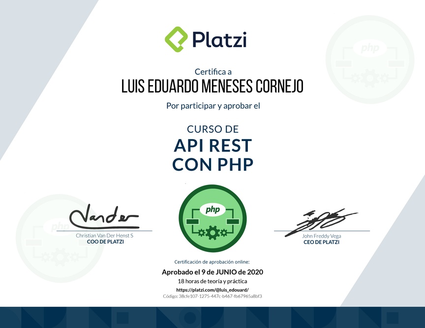 Diploma del Curso de API REST con PHP