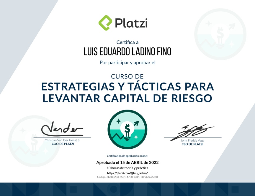 Diploma del Curso de Levantamiento de Capital para Emprendedores en Etapa Semilla