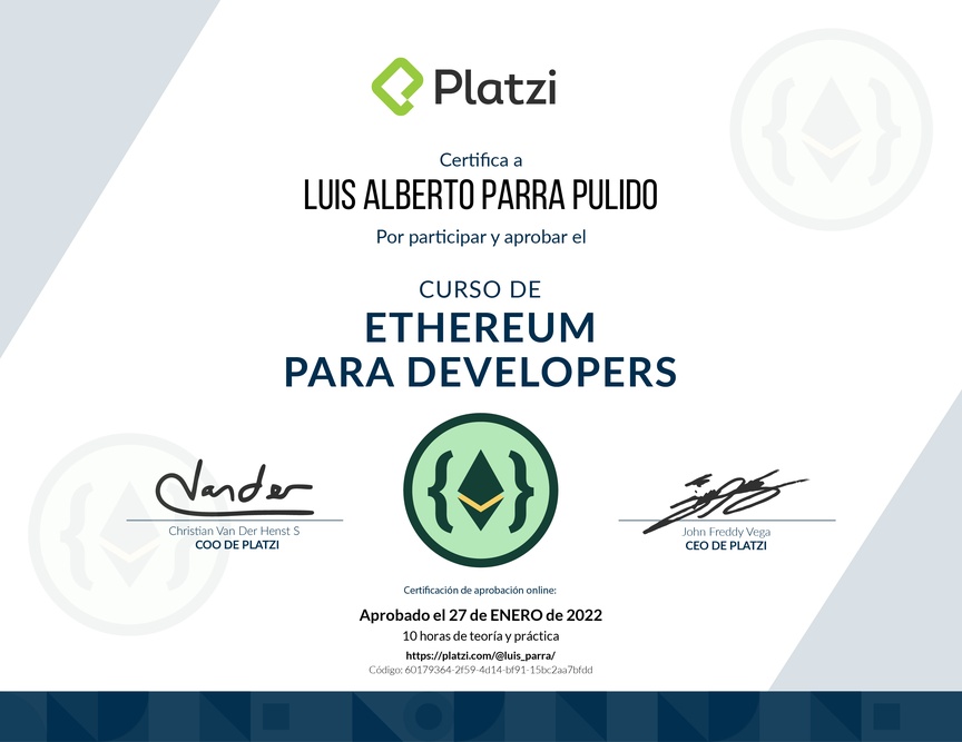 Diploma del Curso de Ethereum para Developers