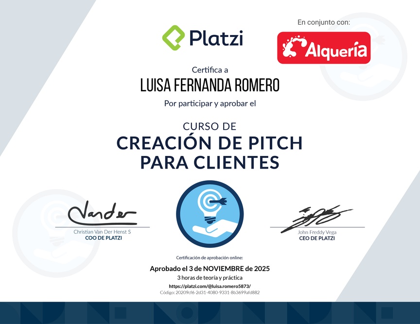 Diploma del Curso de Creación de Pitch para Clientes