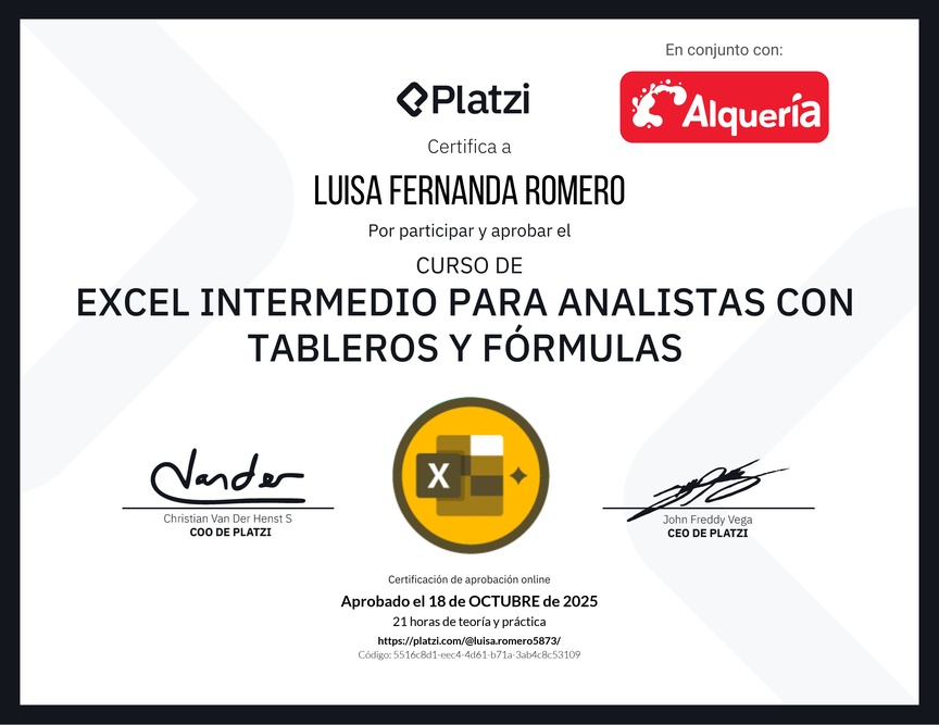 Diploma del Curso de Excel Intermedio para Analistas con Tableros y Fórmulas