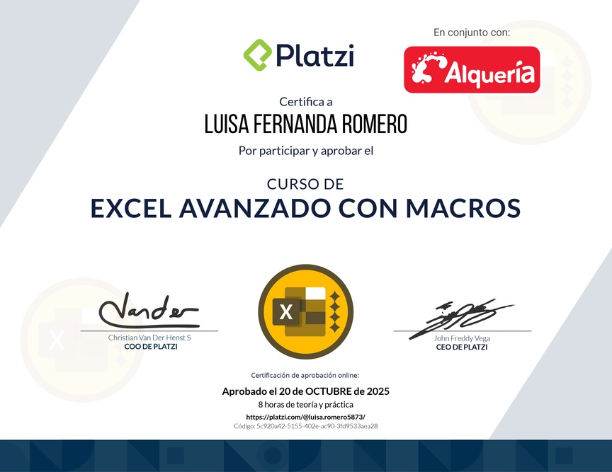 Diploma del Curso de Excel Avanzado con Macros