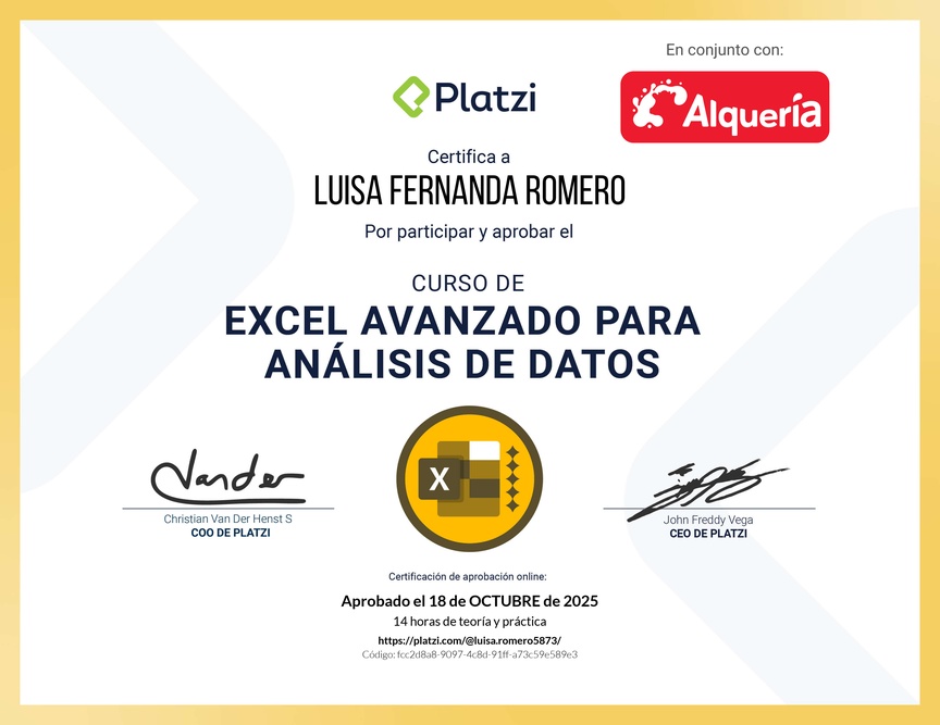 Diploma del Curso de Excel Avanzado para Análisis de Datos