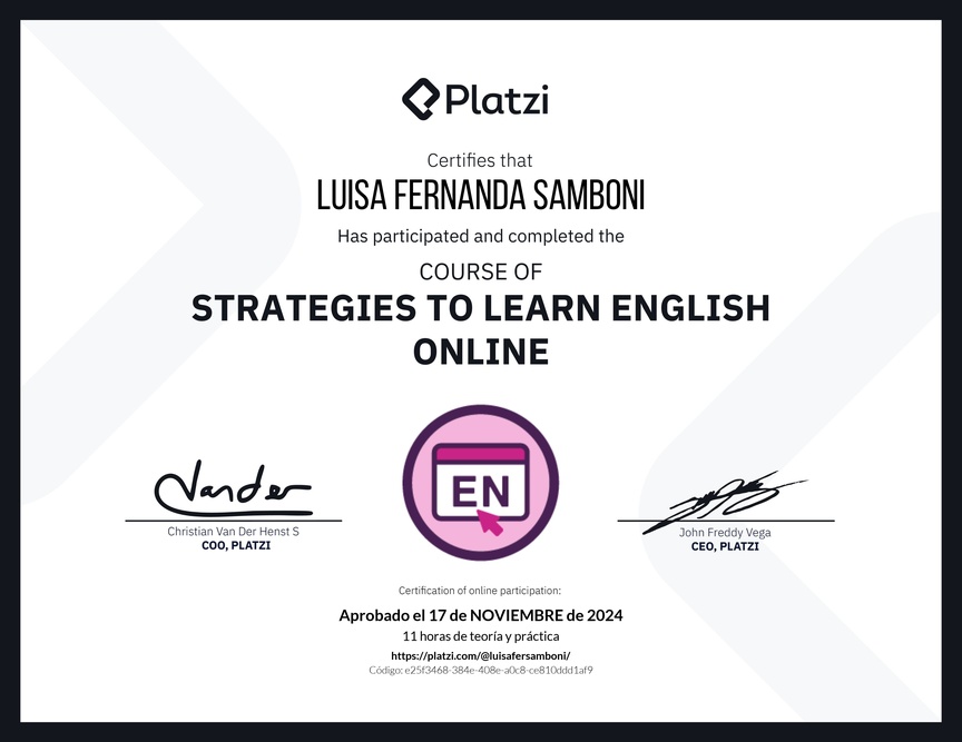 Diploma del Curso Gratis de Estrategias para Aprender Inglés en Línea