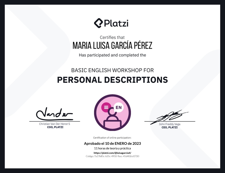 Diploma del Curso de Inglés Práctico para Descripciones Personales (2020=