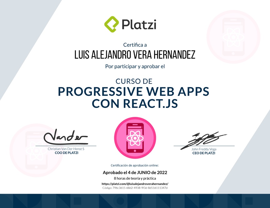 Diploma del Curso de Progressive Web Apps con React.js