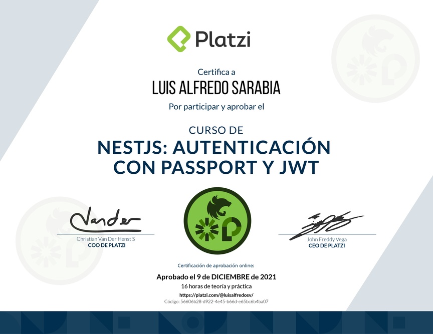 Diploma del Curso de NestJS: Autenticación con Passport y JWT