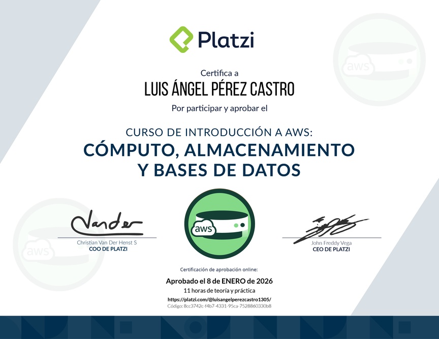 Diploma del Curso de Introducción a AWS: Cómputo, Almacenamiento y Bases de Datos