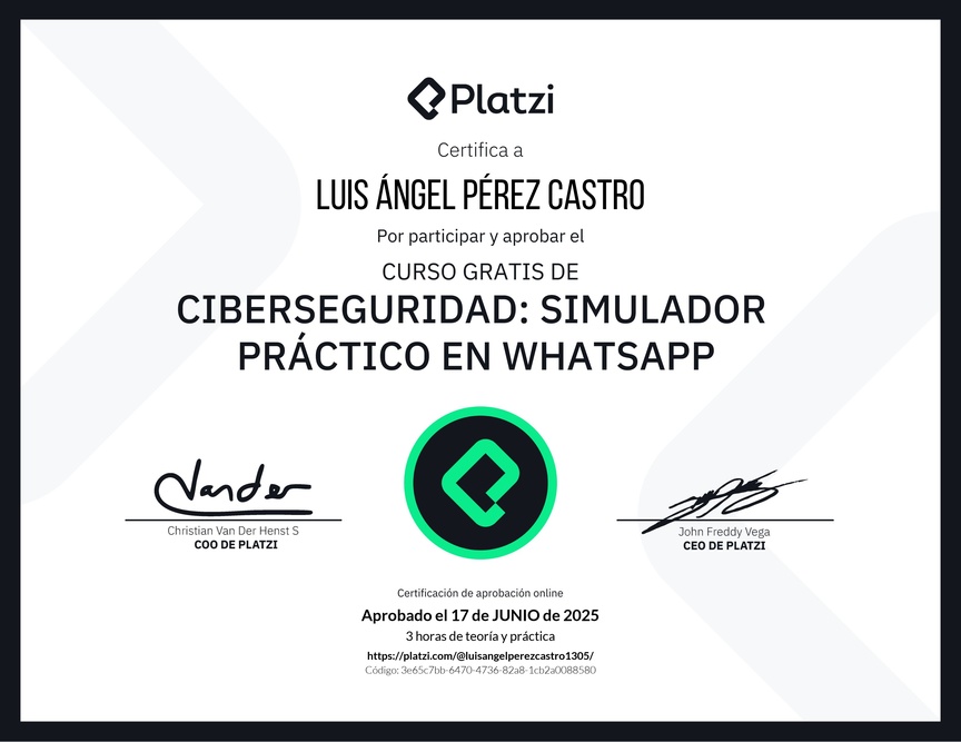 Diploma del Curso Gratis de Ciberseguridad: Simulador Práctico en WhatsApp