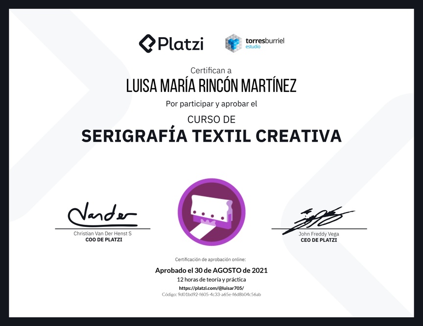 Diploma del Curso de Serigrafía Textil Creativa