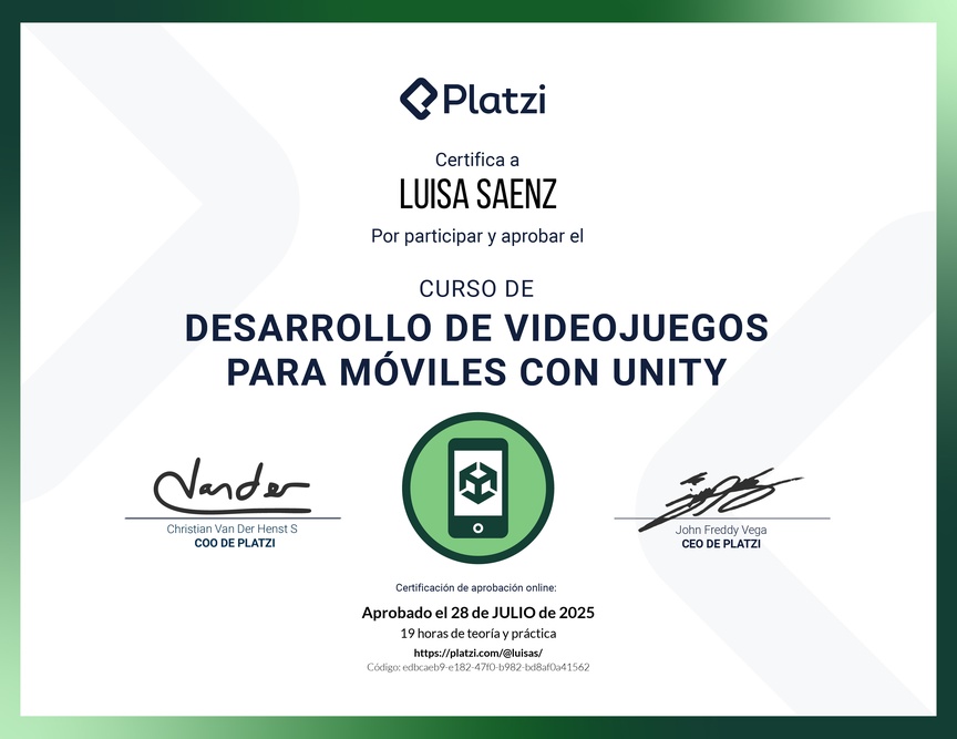 Diploma del Curso de Desarrollo de Videojuegos Móviles con Unity