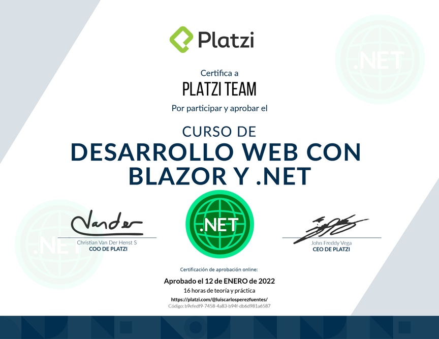 Diploma del Curso de Desarrollo Web con Blazor y .Net Core 3