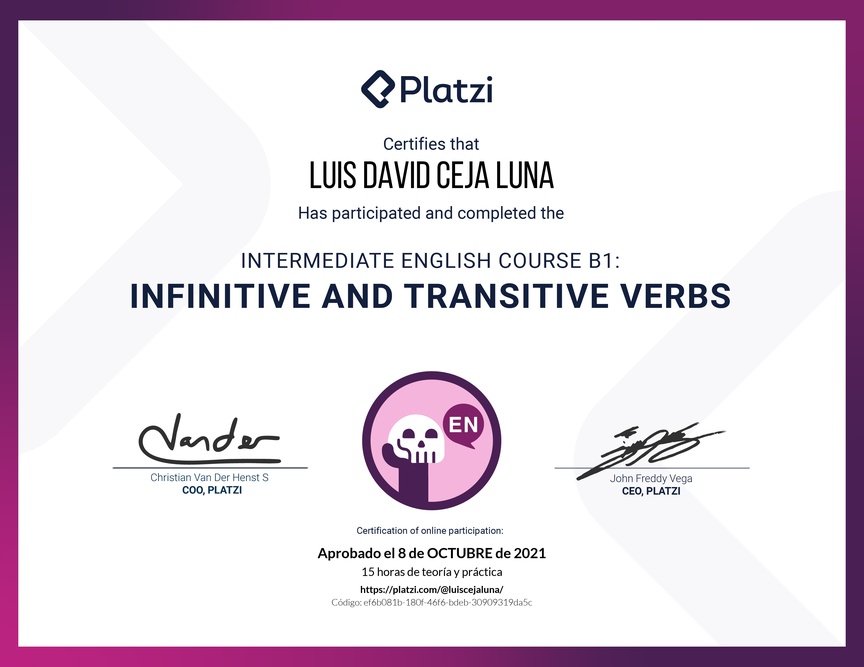 Diploma del Curso de Inglés Intermedio B1: Verbos Infinitivos y Transitivos (2021)