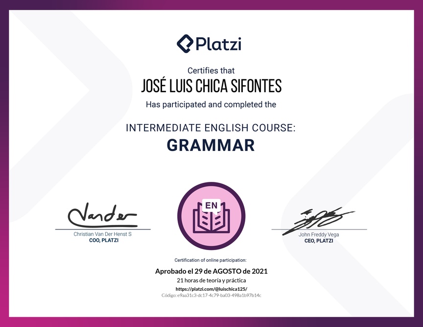 Diploma del Curso Intermedio de Gramática en Inglés (2020)