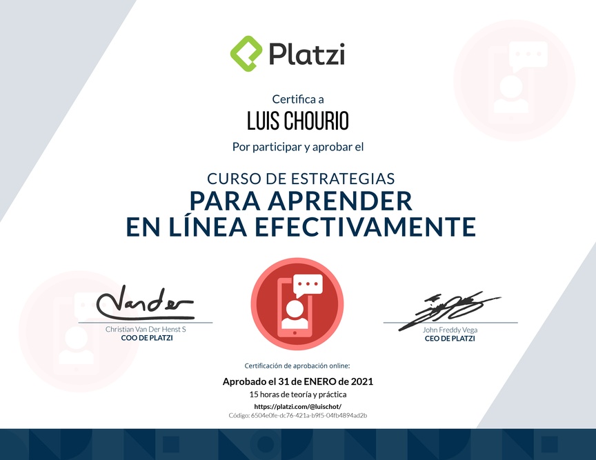 Diploma del Curso de Estrategias para Aprender en Línea Efectivamente 2019