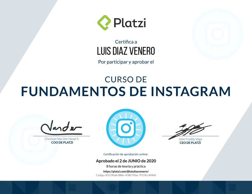 Diploma del Curso de Fundamentos de Instagram