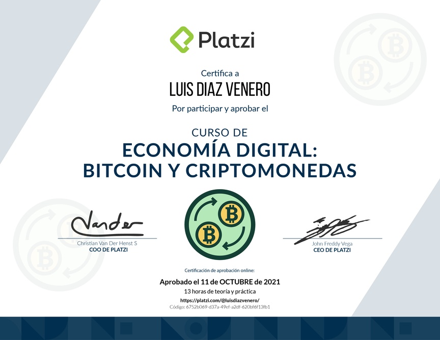 Diploma del Curso de Economía Digital: Bitcoin y Criptomonedas