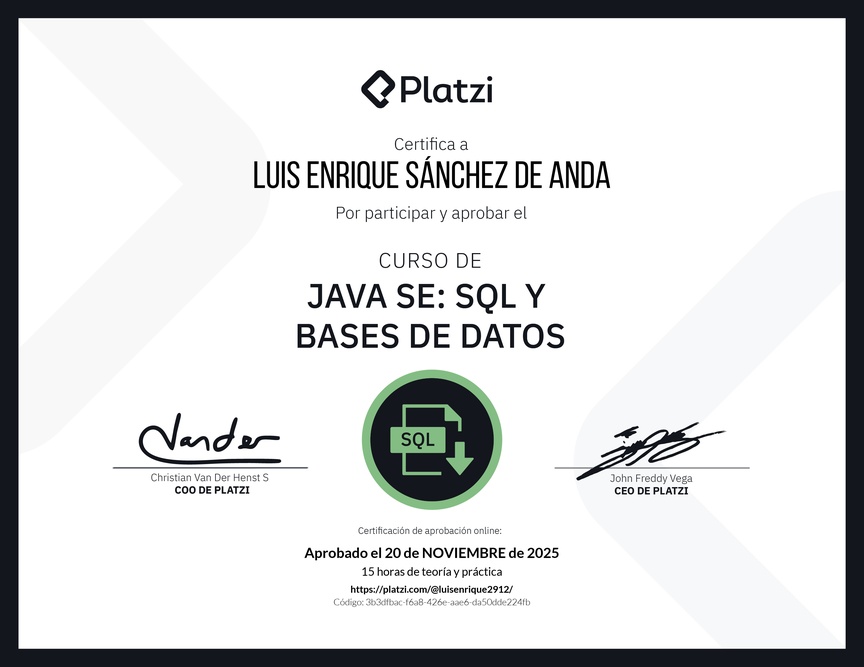 Diploma del Curso de Java SE: SQL y Bases de Datos