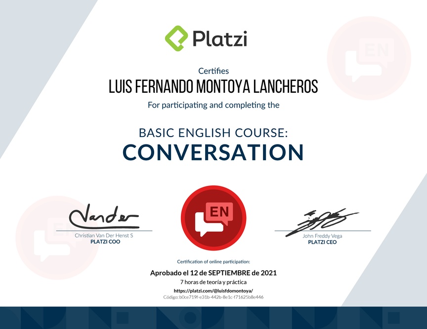 Diploma del Curso de Inglés Básico: Conversación 2018