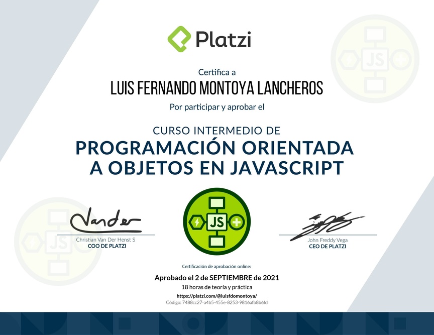 Diploma del Curso Intermedio de Programación Orientada a Objetos en JavaScript