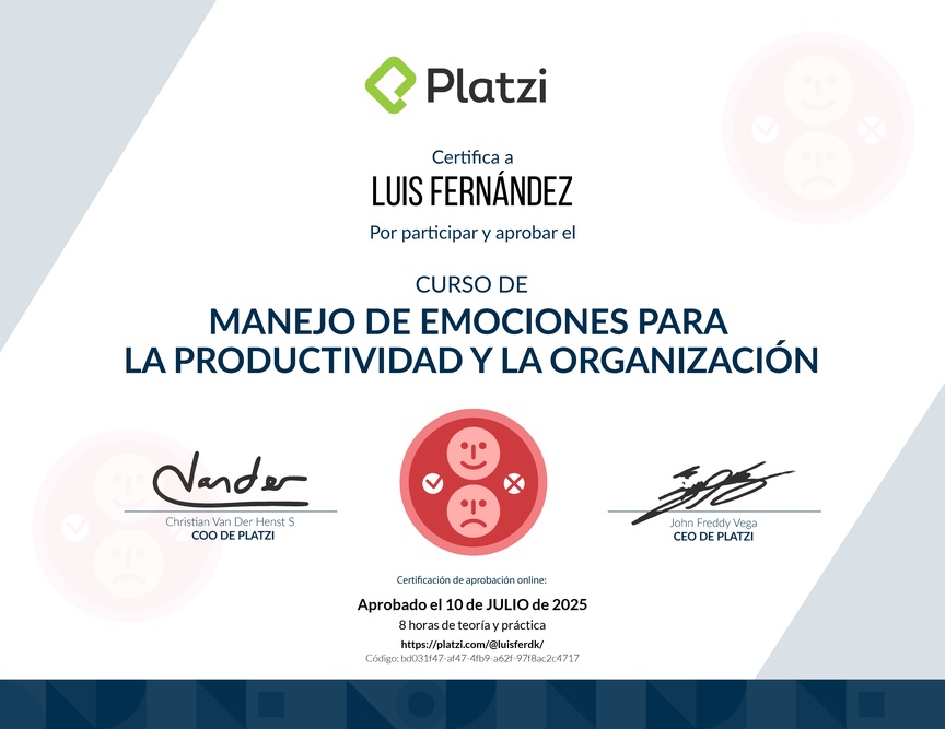 Diploma del Curso de Manejo de Emociones para la Productividad y la Organización