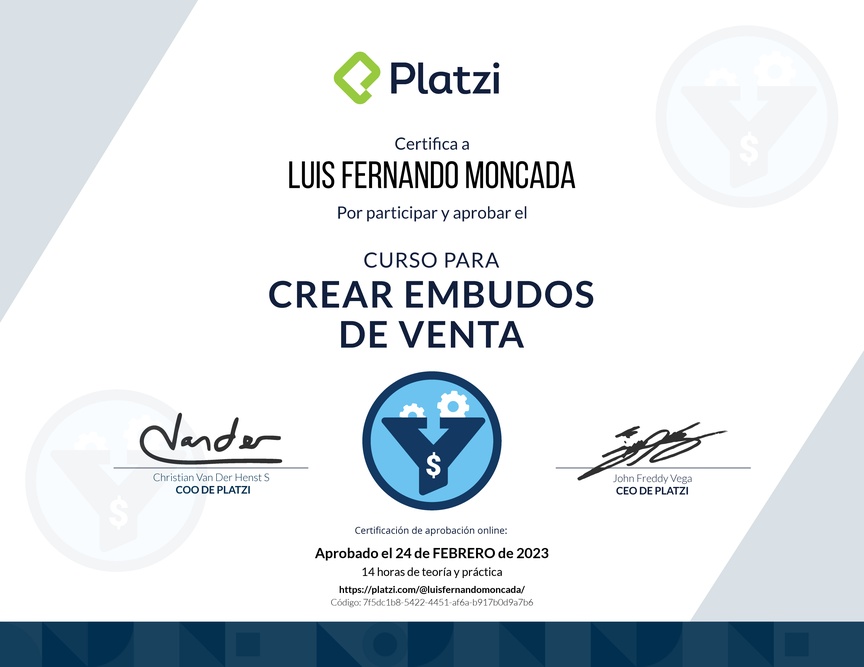 Diploma del Curso de Creación y Optimización de Embudos de Venta (2022)