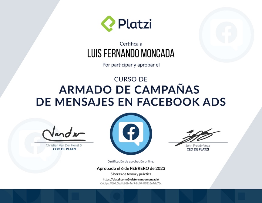 Diploma del Curso de Campañas de Mensaje en Facebook Ads