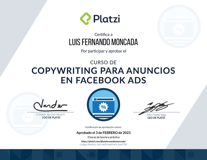 Diploma del Curso de Técnicas de Copywriting para Facebook Ads