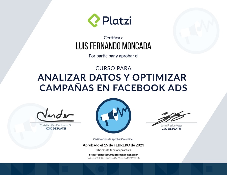 Diploma del Curso para Analizar Datos y Optimizar Campañas en Facebook Ads