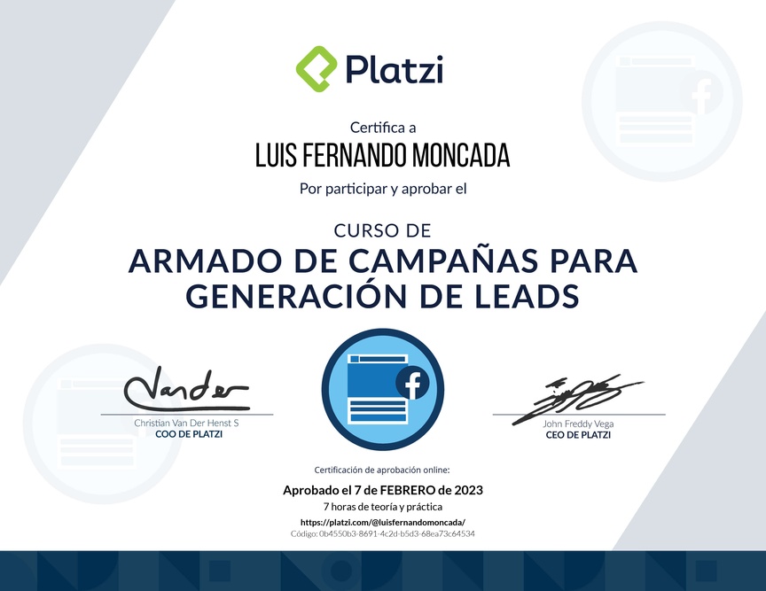 Diploma del Curso de Captación de Clientes con Meta Ads