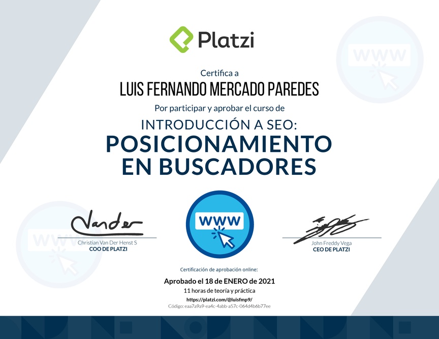 Diploma del Curso de Introducción a SEO: Posicionamiento en Buscadores