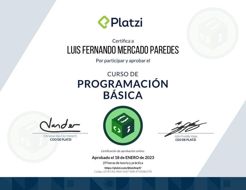 Diploma del Curso Gratis de Programación Básica 2022