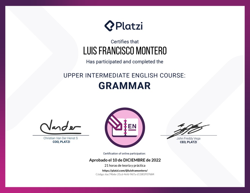 Diploma del Curso Intermedio Alto de Gramática en Inglés (2020)