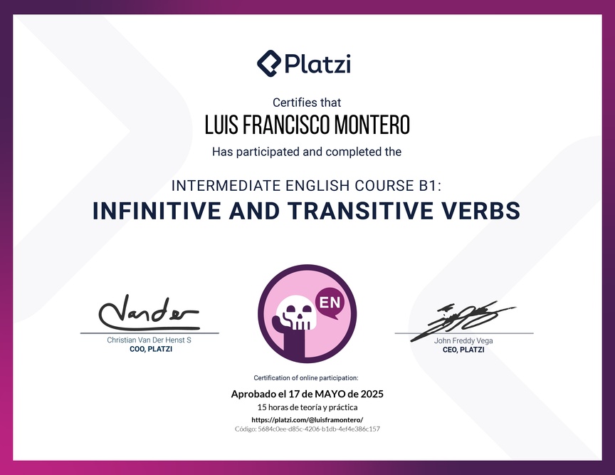 Diploma del Curso de Inglés Intermedio B1: Verbos Infinitivos y Transitivos (2021)