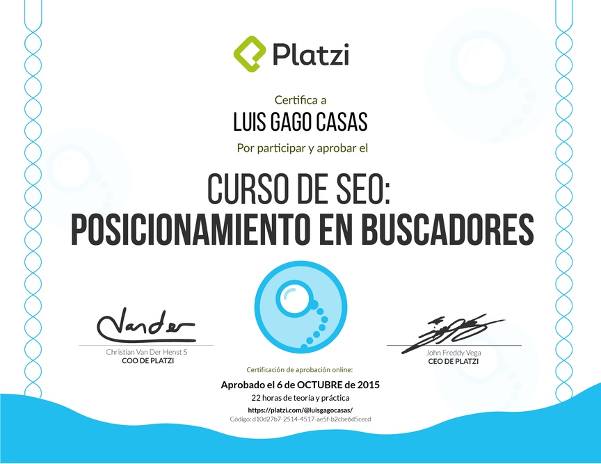 Diploma del Curso de SEO: Posicionamiento en buscadores 2016