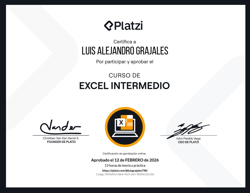 Diploma del Curso de Excel Intermedio