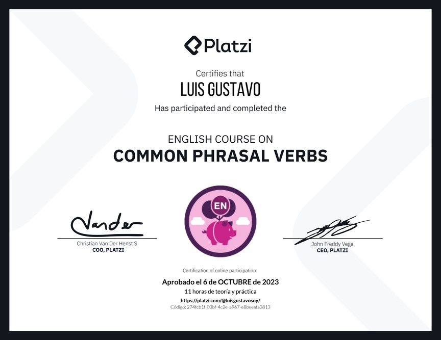 Diploma del Curso de Phrasal Verbs Comunes en Inglés