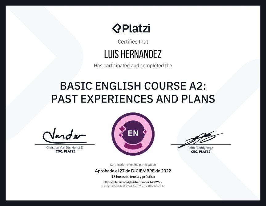 Diploma del Curso de Inglés Básico A2: Experiencias Pasadas y Planes