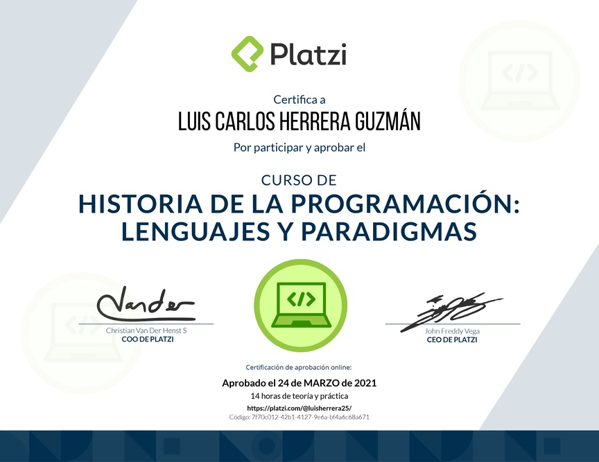 Diploma del Curso de Historia de la Programación: Lenguajes y Paradigmas