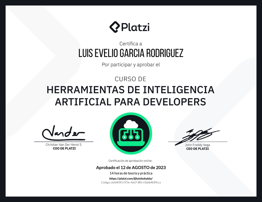 Diploma del Curso de Herramientas de Inteligencia Artificial para Developers (2023)