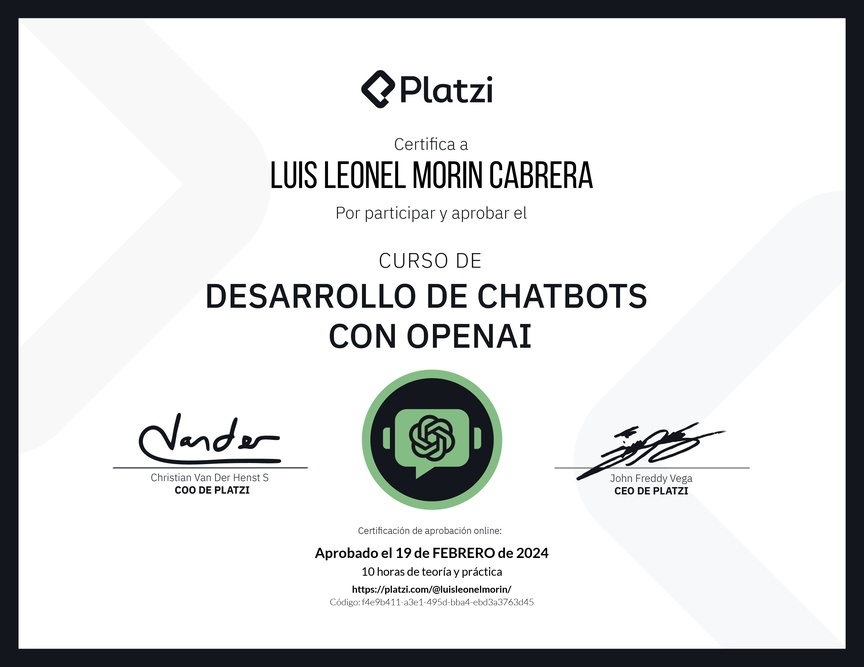 Diploma del Curso de Desarrollo de Chatbots con OpenAI