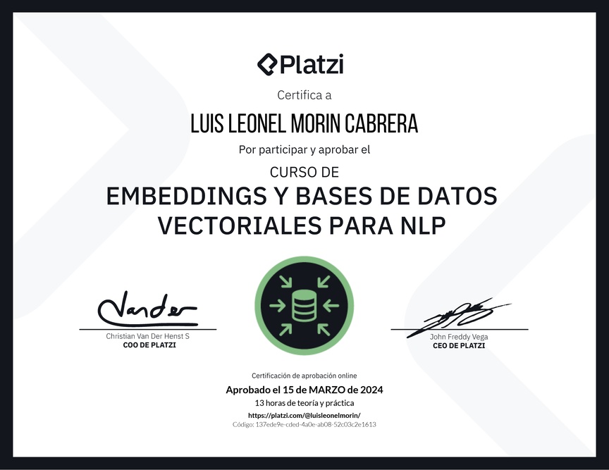 Diploma del Curso de Embeddings y Bases de Datos Vectoriales para NLP