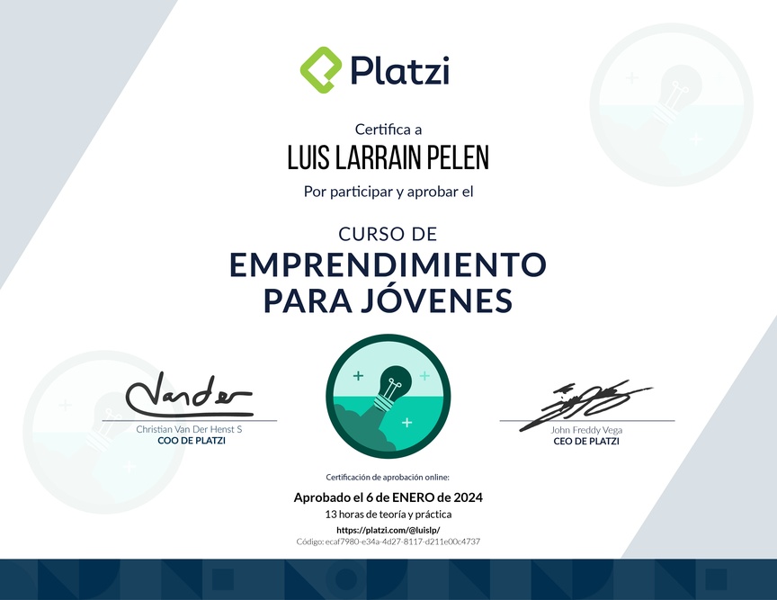 Diploma del Curso de Emprendimiento para Jóvenes