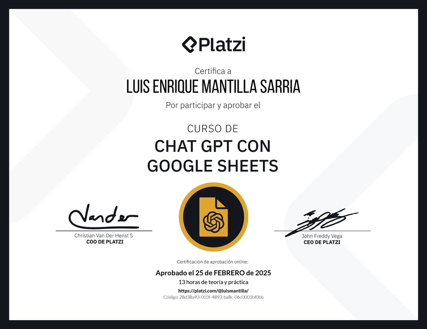 Diploma del Curso de ChatGPT con Google Sheets