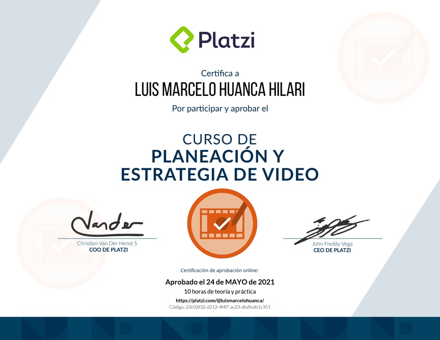Diploma del Curso de Planeación y Estrategia de Video