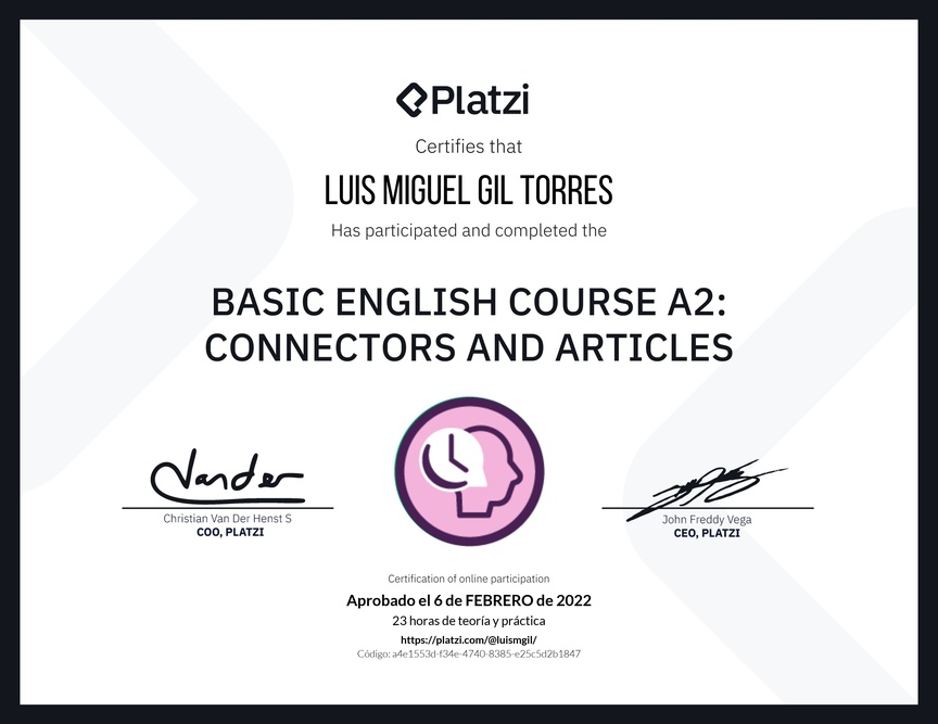 Diploma del Curso de Inglés Básico A2: Conectores y Artículos