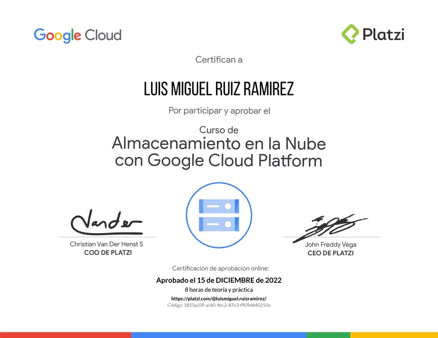 Diploma del Curso de Almacenamiento en la Nube con Google Cloud Platform